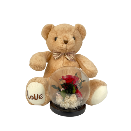 Luxury Teddy Bear with Eternal Rose & Floral Globe – A Timeless Gift of Love